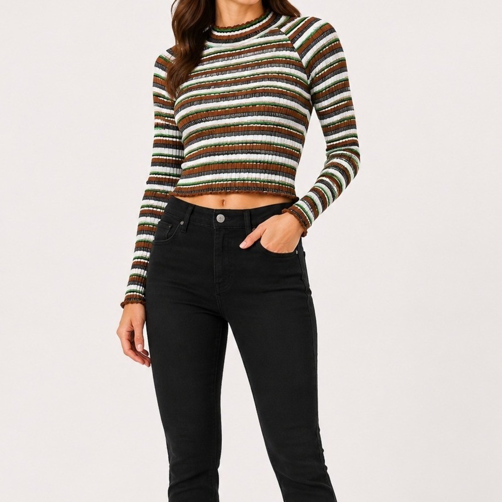 Free People Striped Ribbed Mock Neck Top Women Size S Brown Green Y2K Boho